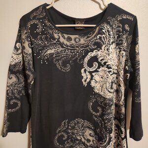 Katina Marie 3/4 sleeve Y2K Paisley Black Silver Wearable Art Whimsigoth Medium